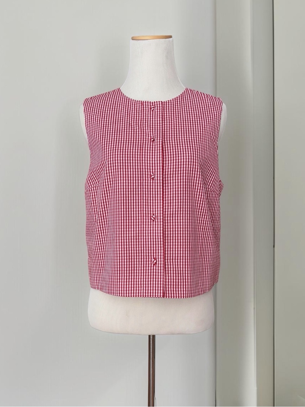 English Factory Red and White Gingham Sleeveless Button Front Top